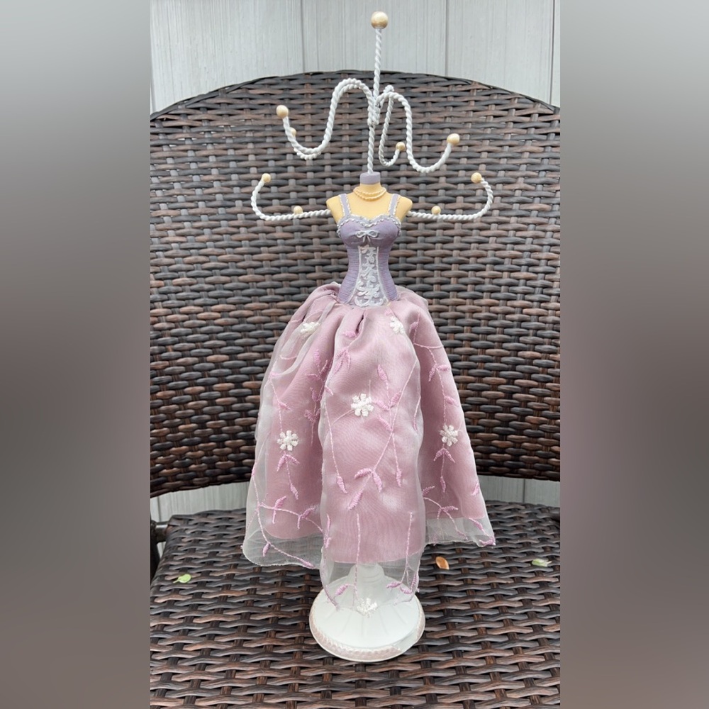 Jewelry stand necklaces bracelets rings earrings display Purple dress 16” tall